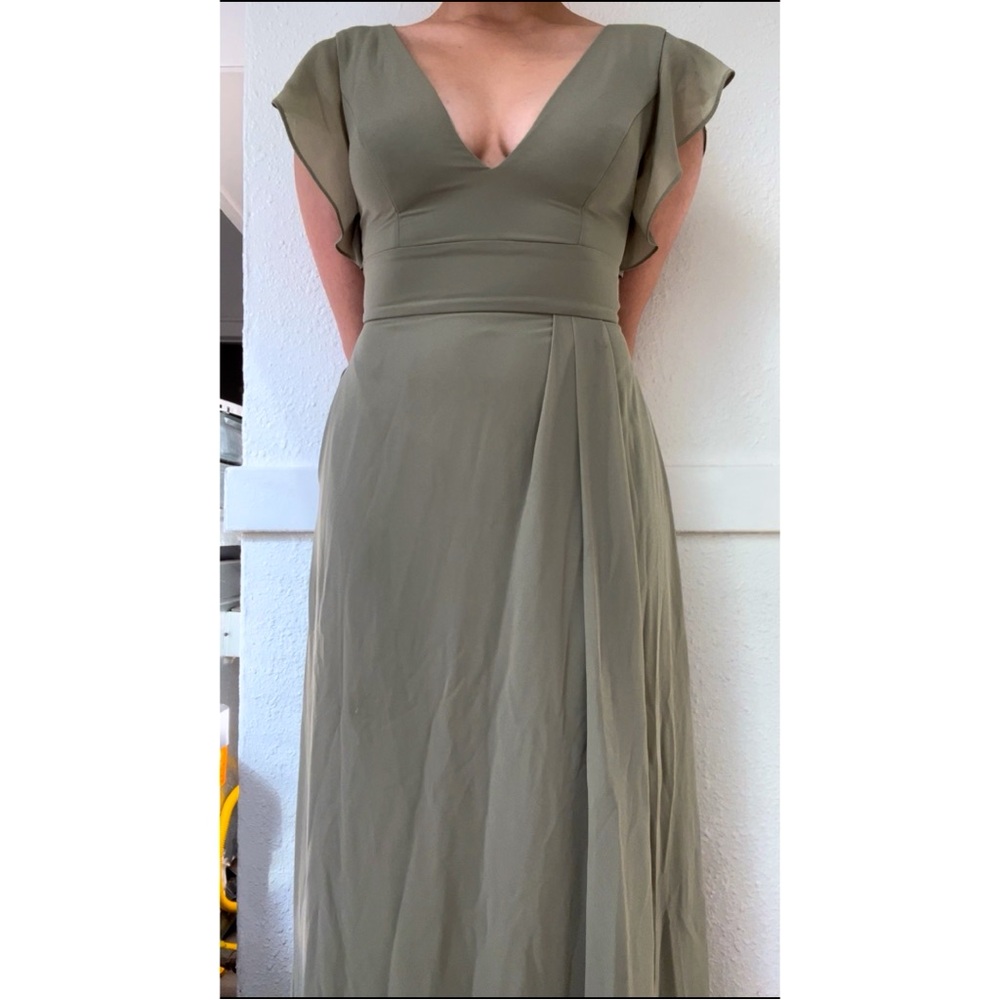 Eucalyptus Green Flutter Sleeve Chiffon V-Neck Dress David’s Bridal